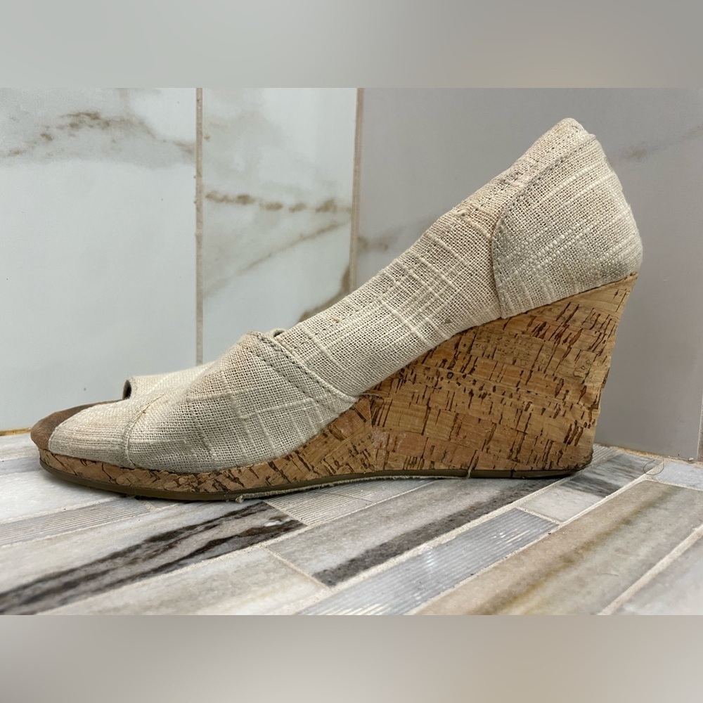 TOMS Stella Cork Wedge Sandals Womens Oatmeal Woven Open Toe Slip On Size 9 - Picture 7 of 16